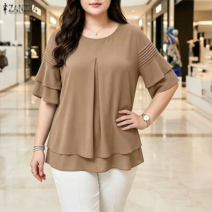 ZANZEA Women Blouse Elegant Ruffle Half Sleeve Casual Pleated O Neck Solid Loose OL Work Tunic Tops Blusas Streetwear Oversize