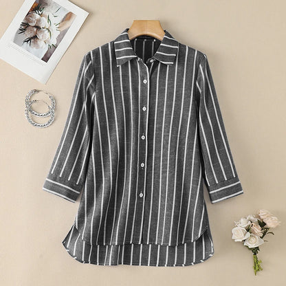 ZANZEA 2026 Woman Striped Shirts Turn-Down Collar 3/4 Sleeve Button Up High-Low Blouses Autumn Casual Commute Work Chemise Femme