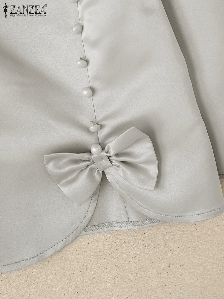 ZANZEA Elegant Women Satin Blouses Fashion O-Neck 3/4 Sleeve Bow Detail Blusas Mujer Office Wear Solid Color Chemises Femme Tops