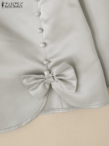 ZANZEA Elegant Women Satin Blouses Fashion O-Neck 3/4 Sleeve Bow Detail Blusas Mujer Office Wear Solid Color Chemises Femme Tops
