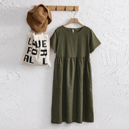 Original Women Cotton Linen Midi Dresses Summer Chic Female Vestidos Loose Soild A-Line Dress Short Puffy Sleeve Casual Sundress