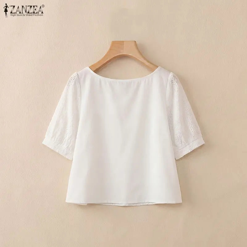 ZANZEA Embroidered Fabric Cropped Blouses Woman Square Neck Short Puff Sleeve Peplum Tops Summer Daily Casual Blusas de Mujer