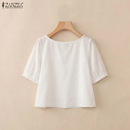 ZANZEA Embroidered Fabric Cropped Blouses Woman Square Neck Short Puff Sleeve Peplum Tops Summer Daily Casual Blusas de Mujer