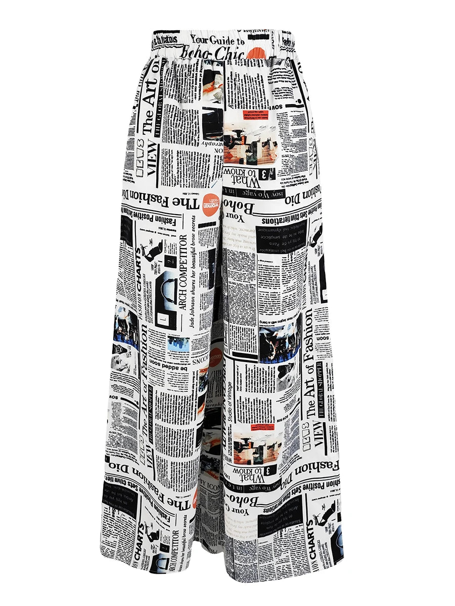 Women Vintage Newspaper Print Wide Leg Pants High Waist Lace Up Loose Casual Trousers Fashion Streetwear Baggy Pants Female