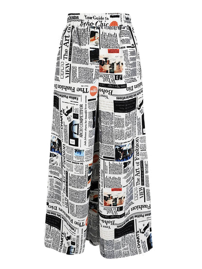 Women Vintage Newspaper Print Wide Leg Pants High Waist Lace Up Loose Casual Trousers Fashion Streetwear Baggy Pants Female