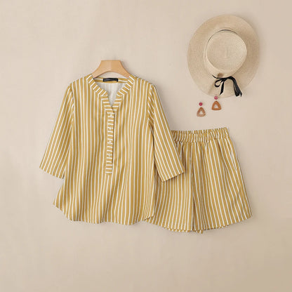 ZANZEA Fashion Spring Summer 2 Pieces Sets Striped Tracksuit Women V Neck 3/4 Sleeve Blouse Short Sets Casual Work Outfits 2026