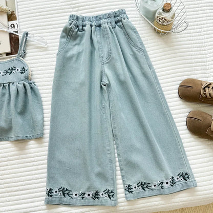 Girls' New Sleeveless Denim Vintage Embroidered Denim Suspender Wide-Leg Pants Two-Piece Set