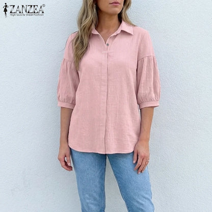 ZANZEA Women's Crinkled Fabric Casual Shirts Turn-Down Collar Half-Buttons 3/4 Lantern Sleeve Blouses Minimalist Solid Color Top