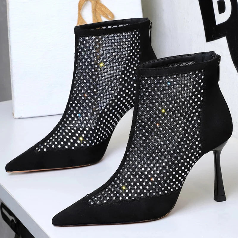 Sexy Mesh Rhinestones Women Boots Net Breathable Boots Stiletto High-Heeled Boots Summer Sandals Boots Rear Zipper High Heels