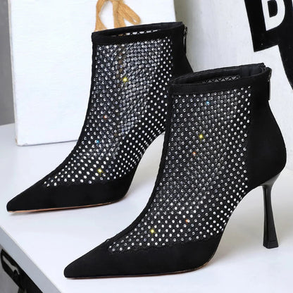 Sexy Mesh Rhinestones Women Boots Net Breathable Boots Stiletto High-Heeled Boots Summer Sandals Boots Rear Zipper High Heels