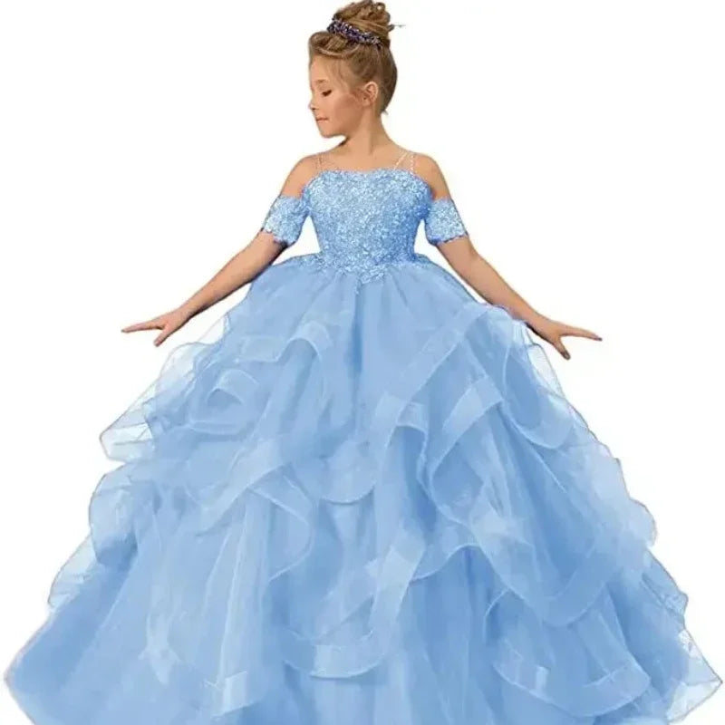 Dress for girls Party Flower Kids Ball Gown Tulle Off Shoulder Children Birthday Wedding Dresses First Communion Gown Clothing