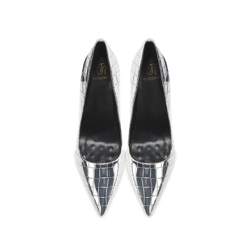 Summer new crocodile patterned high heels for women, slim heels, sexy, fashionable, versatile, professional single shoes