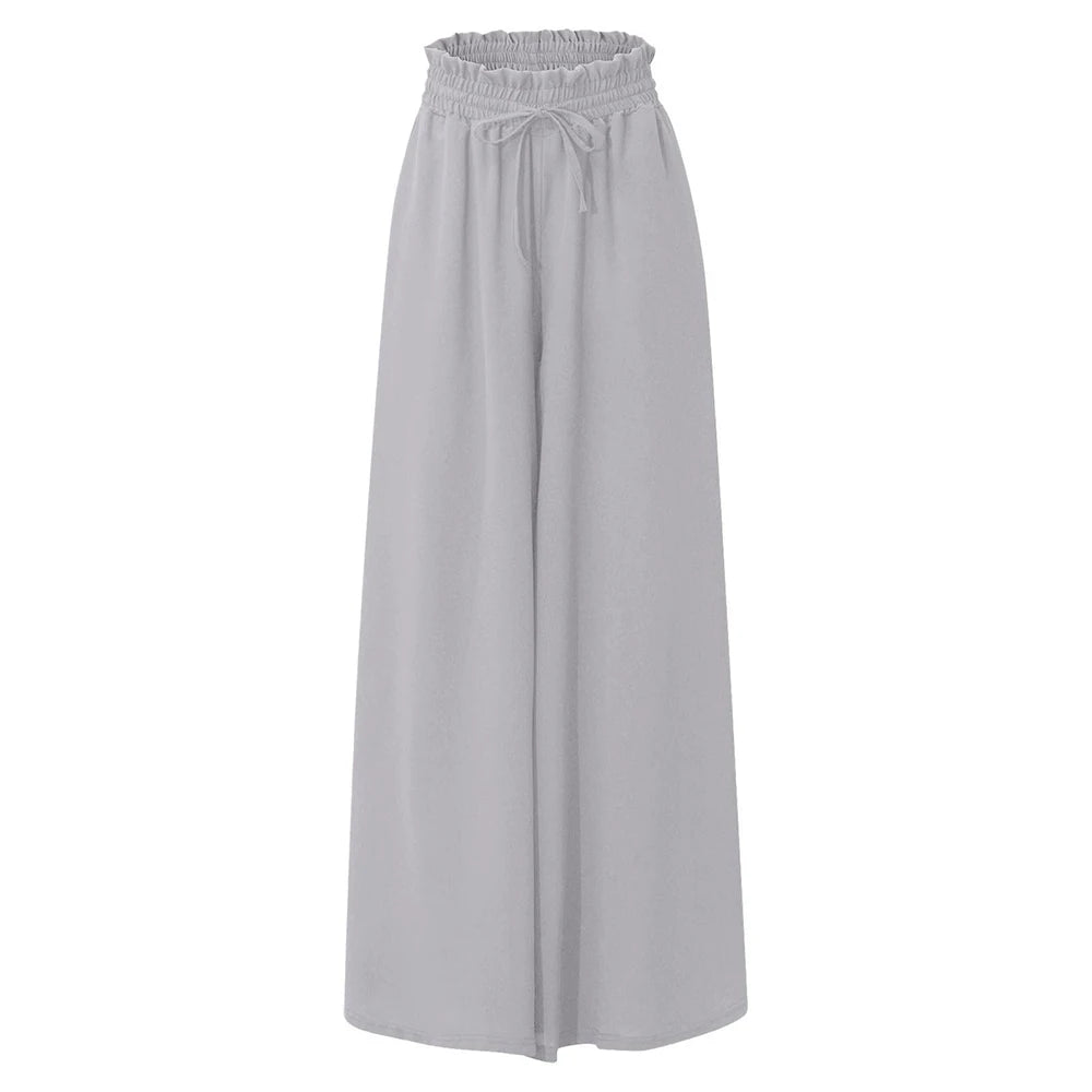 Women Summer Autumn Elegant Solid Chiffon Pants Casual Elastic Waist Wide Leg Pants Loose Straight Trouser Vacation Beach Street