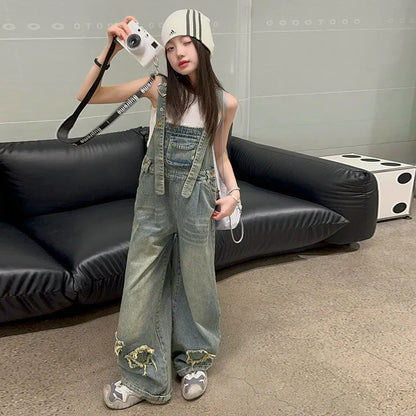 Overalls for Kids Pink Loose Casual Wide Leg Jeans Teenage Girls Jumpsuit Fashion All-match 12 13 14 Years Children Trousers