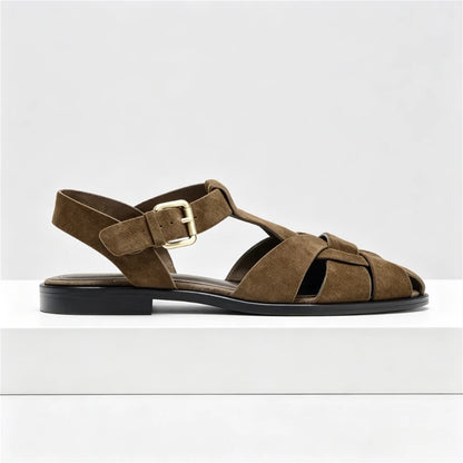 New Flat Sandals Women 2026 Summer Faux Suede Weaving Design Gladiator Sandals Ankle Strap Comfortable Women Shoes Sandalias