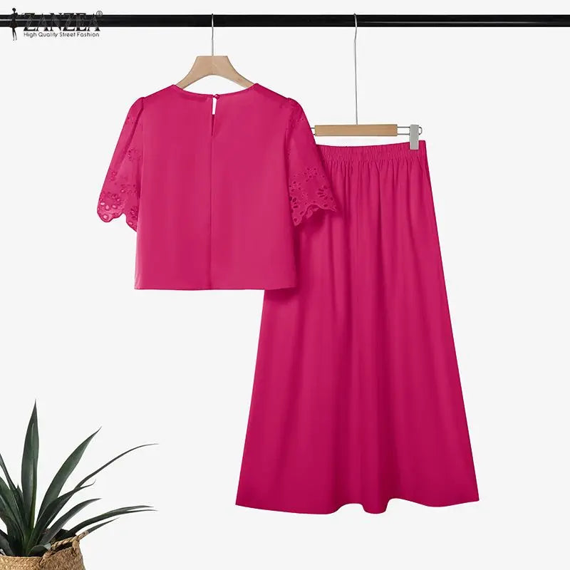 ZANZEA Women's Summer Casual Skirt Suits Openwork Embroidered Short Sleeve Tops and A-Line Long Skirts 2 Pieces Sets Outfits 3XL