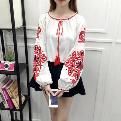 Bohemian Embroidered Dress for Women, Boho, Flower, O-Neck, Lantern Long Sleeve, High Waist, Cotton, White, Spring