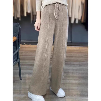 Women Pants Full Length Elastic Waist Knitted Pant Haigh Waist Wide Leg Autumn Winter Warm Stretch Trousers Casual Korean Pants