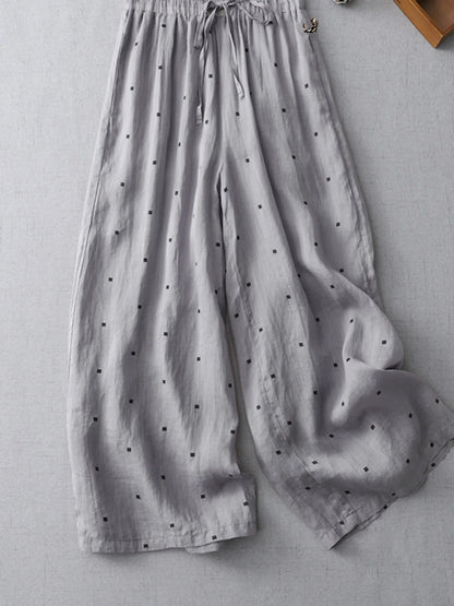 Casual Cotton Linen Pants Women Summer Style Elastic Waist Artistic Polka Dot Print Nine Point Pants Loose Fit Commute Style