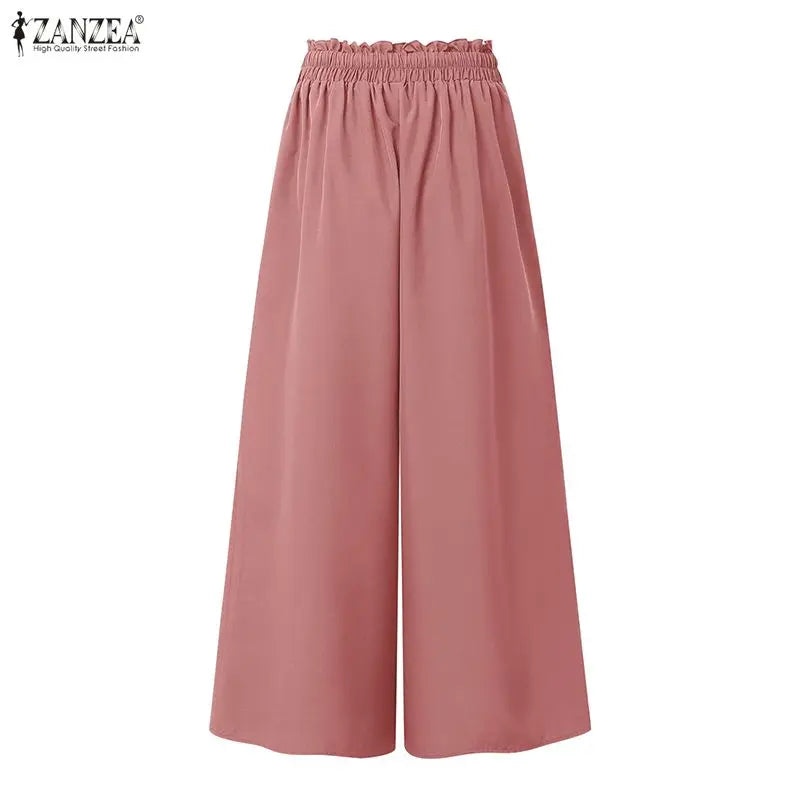 Fashion Summer Autumn Women Pants ZANZEA Wide Leg Pant Solid Pleated Long Trousers Elastic Waist Streetwear Oversize S-3XL