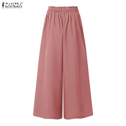 Fashion Summer Autumn Women Pants ZANZEA Wide Leg Pant Solid Pleated Long Trousers Elastic Waist Streetwear Oversize S-3XL