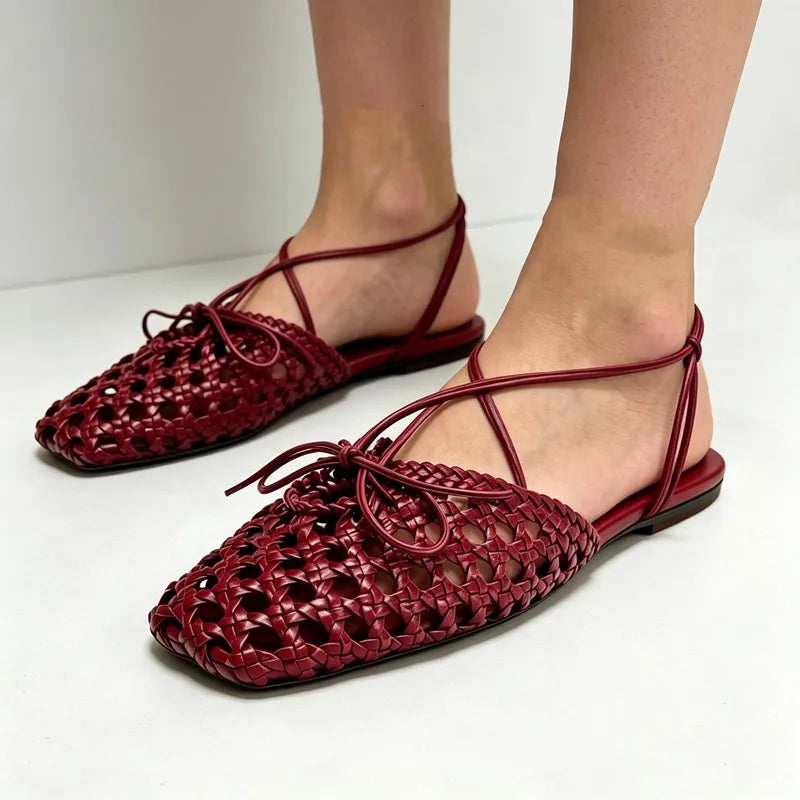 Hand Woven Back Strap Flat Sandals Women Braided Upper Design Slingback Cage Flats for Girl Cute Bow Detail Summer Casual Shoes