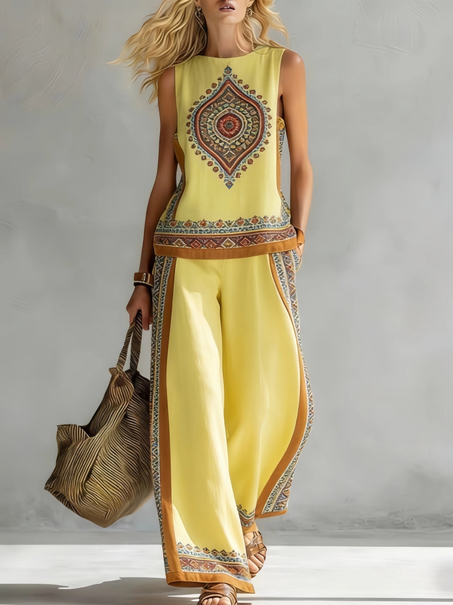 Fashion Retro Printed Sleeveless Tops Trousers 2-piece Set Women's Summer Casual Vest Loose Wide Leg Trousers Female Suit Pocket