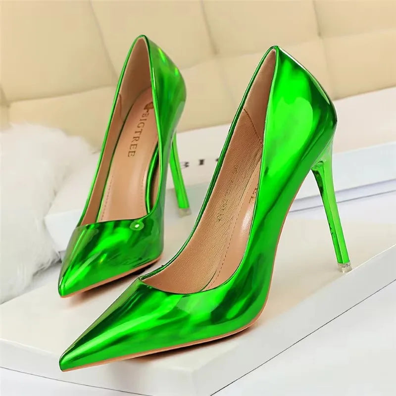 2026 Women 10.5cm High Heels Blue Green Valentine Pumps Luxury Glossy Stripper Stiletto Wedding Bridal Fetish Shoes Plus Size 43