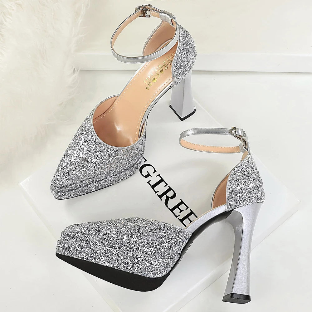 BIGTREE Shoes Sequin Women Pumps Double Layer Platform Heels Women Shoes Luxury Banquet Shoes High-heeled Sandals Summer Shoes