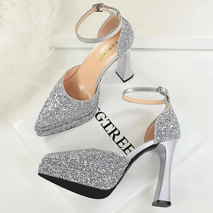 BIGTREE Shoes Sequin Women Pumps Double Layer Platform Heels Women Shoes Luxury Banquet Shoes High-heeled Sandals Summer Shoes