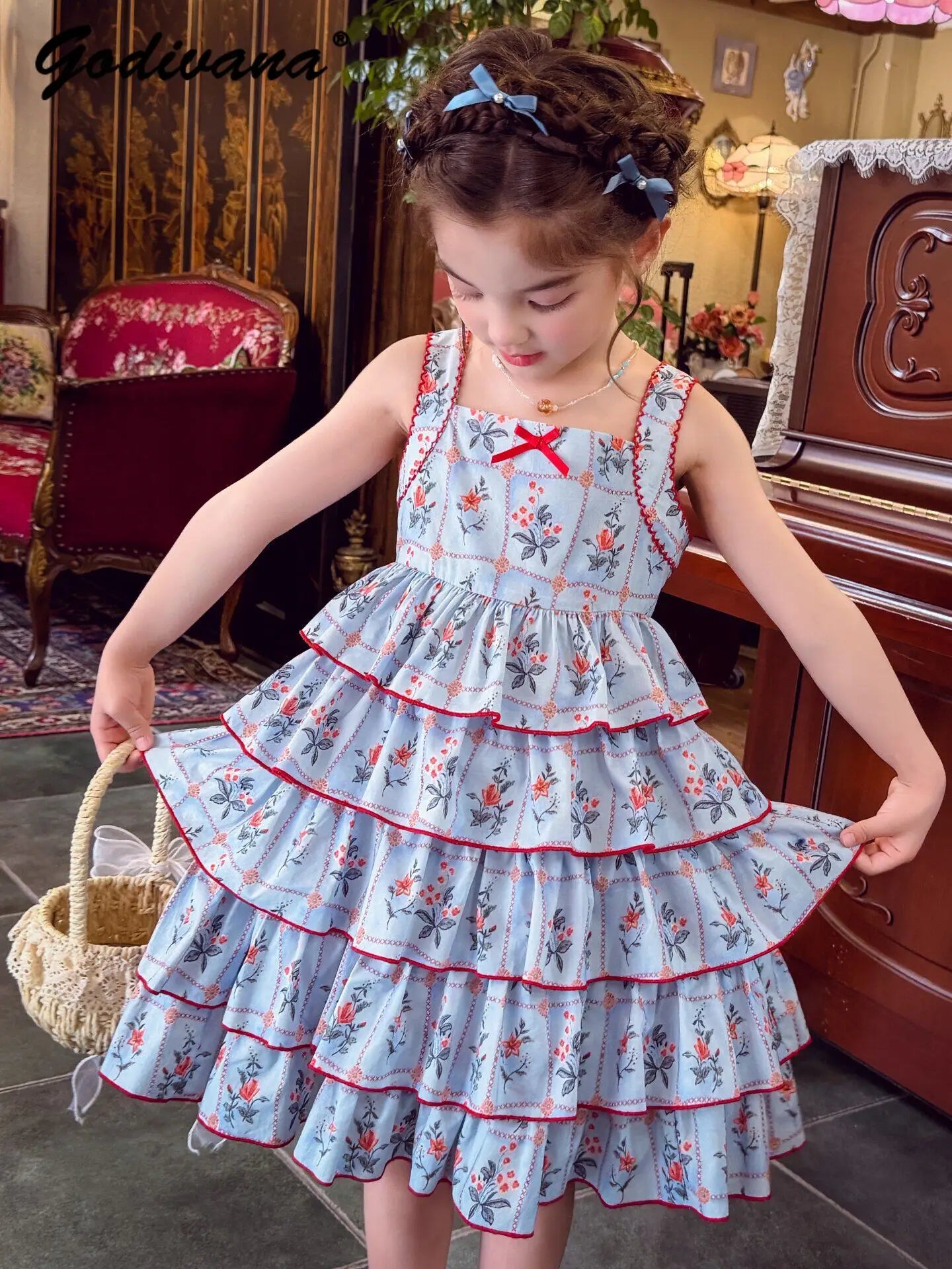 Sweet Baby Girls Cute Floral Casual Sundress New Summer 2026 Childrens Floral Cotton Lace Ruffle Trim High Waist Cake Slip Dress