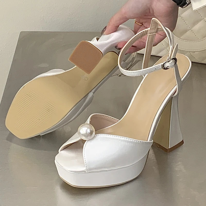Luxury Satin Pearl Detail Heeled Sandals Women Sexy Peep Toe Buckle Strap High Heels for Ladies Summer Elegant Platform Sandals