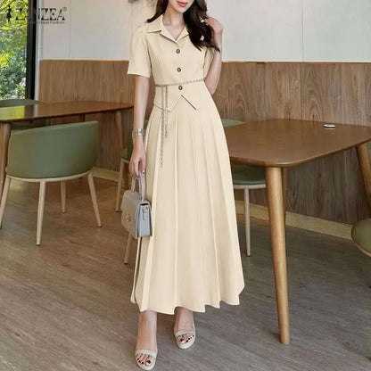 ZANZEA Women's Elegant Skirt Suits Collared Short Sleeve Shirt & Pleated Maxi Skirt 2 Pieces Sets Korean Fashion Party Outfits