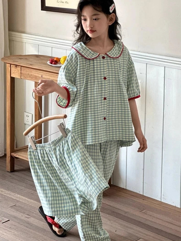 Girls Summer Ice Silk Short Sleeve Loungewear Set with Doll Collar for Home Outdoor and Air Conditioning Wear