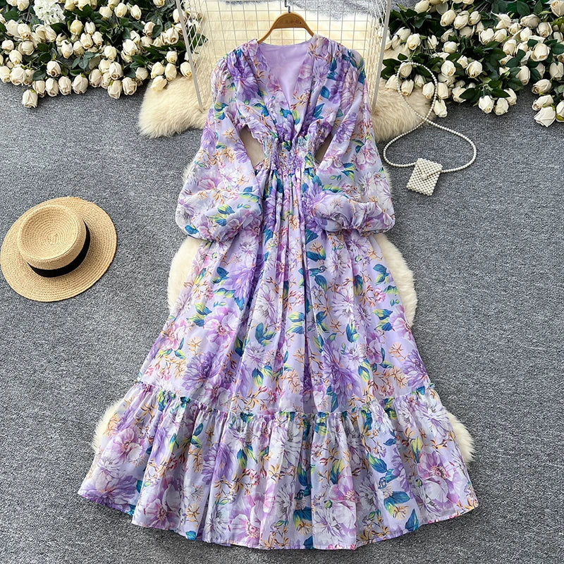 Spring Autumn French V-neck Lantern Sleeve Chiffon Dress Women Fashionable Elegant Elastic Waist Lotus Leaf Edge Length Dress L8
