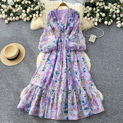 Spring Autumn French V-neck Lantern Sleeve Chiffon Dress Women Fashionable Elegant Elastic Waist Lotus Leaf Edge Length Dress L8