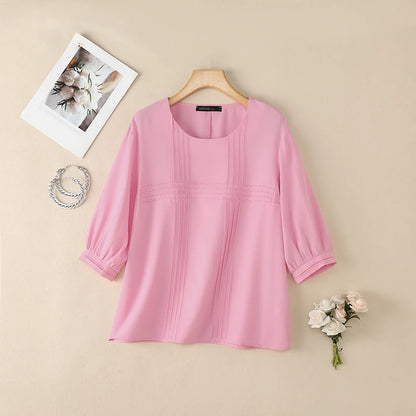 ZANZEA Woman Casual Minimalist Blouses Summer Pintuck Detailing O-Neck 3/4 Puff Sleeve Solid Color Tops Everyday Blusas de Mujer