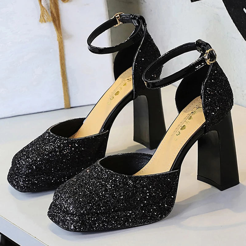 BIGTREE Shoes Chunky Block Heels Women's Sandals Sequined High Heels Fashion Wedding Shoes Platform Sandals Summer Women Shoes