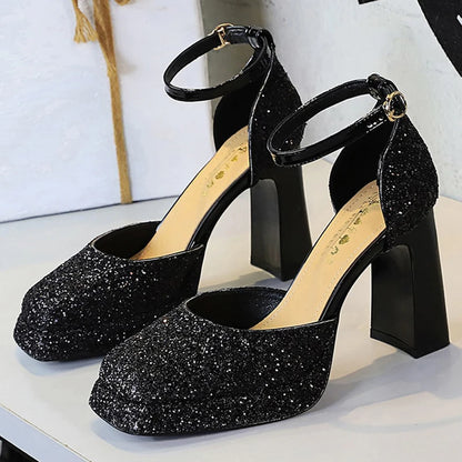 BIGTREE Shoes Chunky Block Heels Women's Sandals Sequined High Heels Fashion Wedding Shoes Platform Sandals Summer Women Shoes