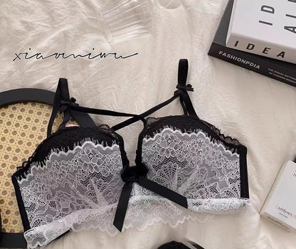 BANERDANNI Kawaii Anime Bra Set Japan Maid Lace Bralette with Thicken Pads Cut-Out Design Small Bust Enhancer Pure-Sex Underwear