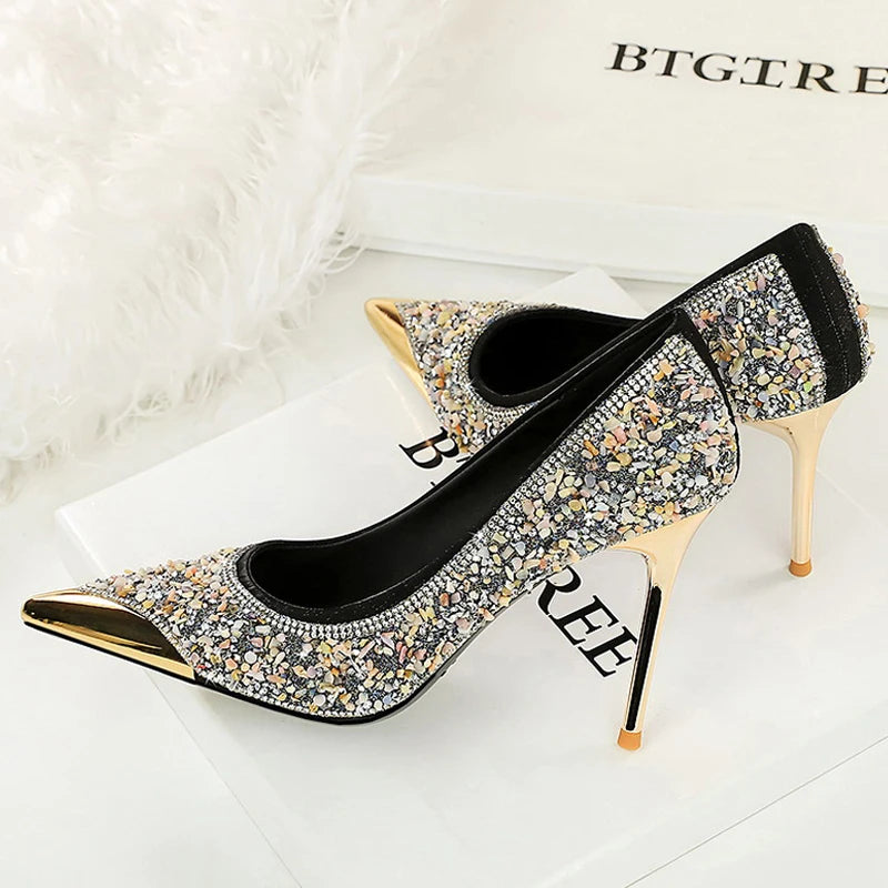 BIGTREE Shoes Rhinestone Shoe Upper Women Pumps Stiletto Heels 9.5 Cm Metal Pointed Tip High Heels Luxury Crystal Pumps Lady