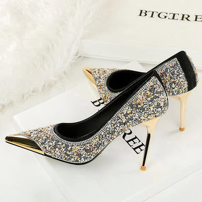 BIGTREE Shoes Rhinestone Shoe Upper Women Pumps Stiletto Heels 9.5 Cm Metal Pointed Tip High Heels Luxury Crystal Pumps Lady