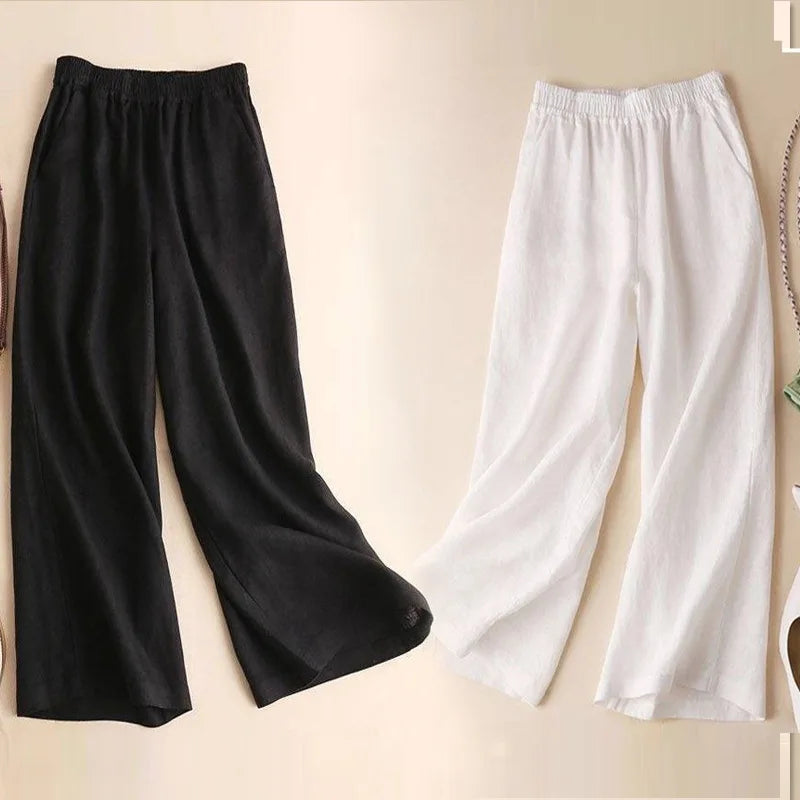 Women Cotton Linen Wide Leg Pants Female Summer Pants Full Length Casual Pants Fashion Solid Loose High Waist Straight Trousers