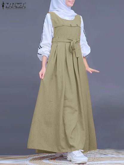 ZANZEA Muslim Abaya Hijab Dress Women Spring Maxi Long Dress Fashion Summer Sleeveless Overalls Dresses Kaftan IsIamic Clothing