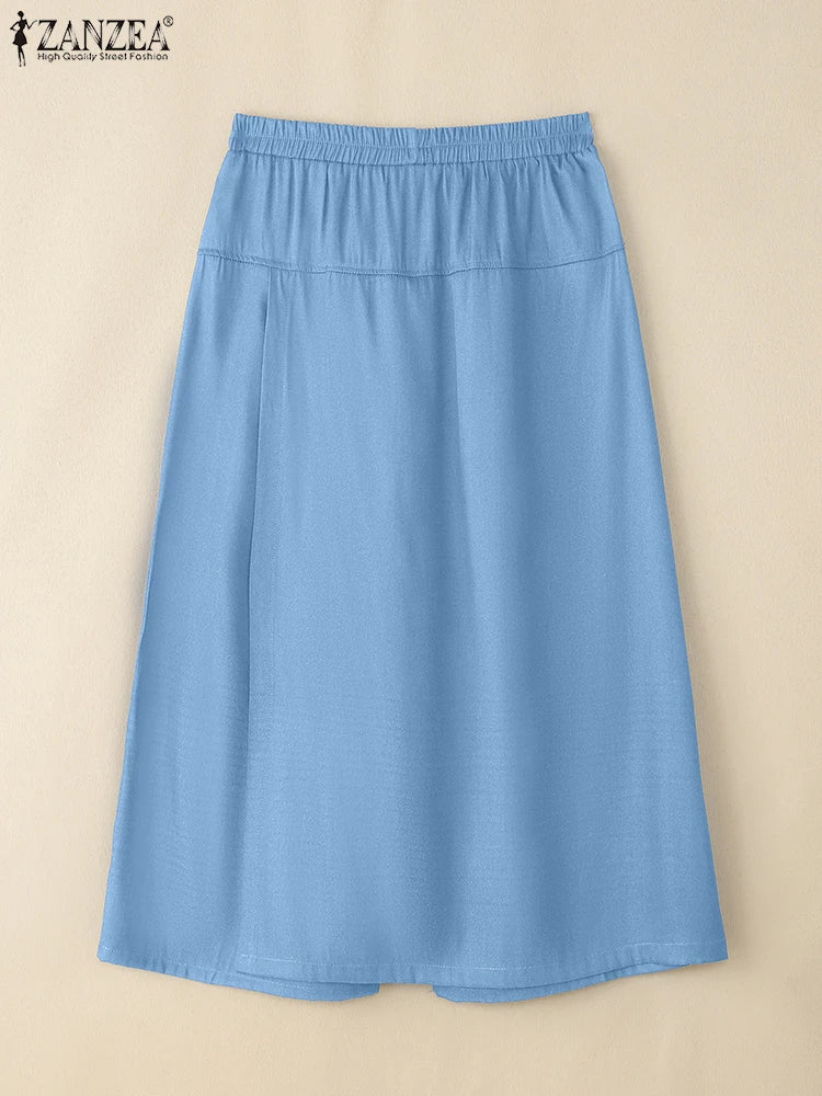 ZANZEA 2025 Fashion Women Skirt Pants Elastic Waist Pantalons Summer Casual High Waist Solid Color Long Trousers Wide Leg Pants