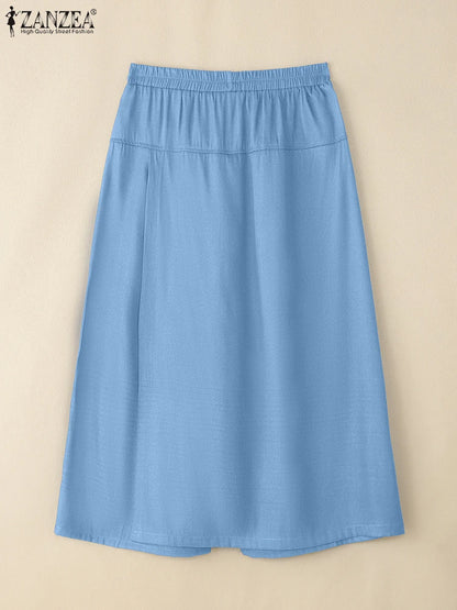 ZANZEA 2025 Fashion Women Skirt Pants Elastic Waist Pantalons Summer Casual High Waist Solid Color Long Trousers Wide Leg Pants