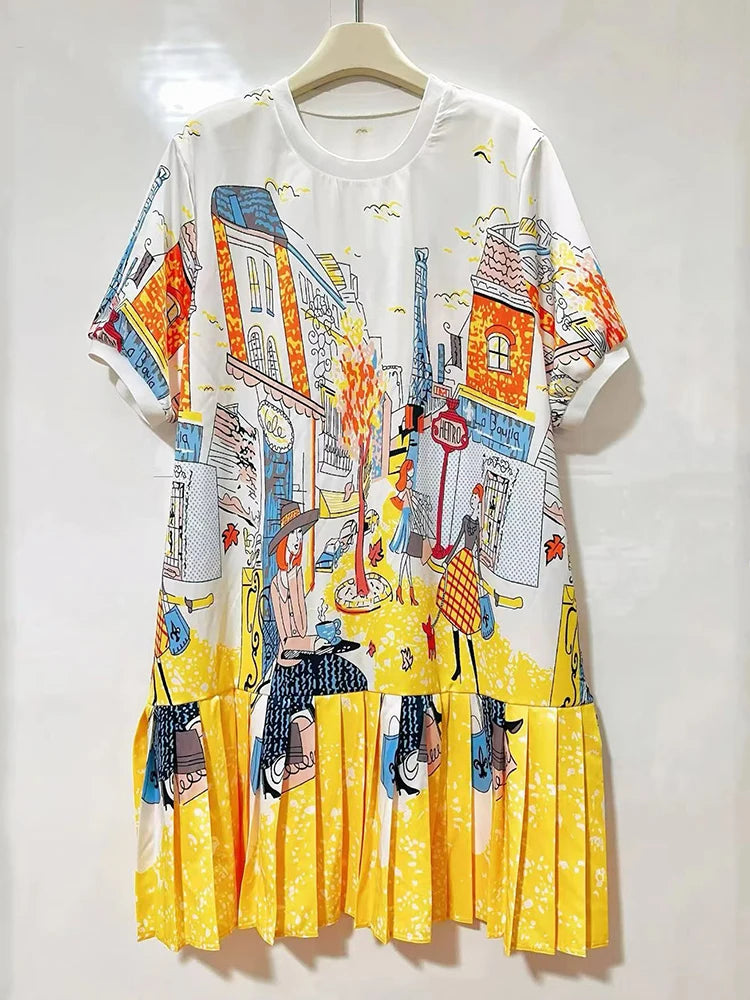 Retro geometric print round neck pullover dress 2026 summer women's T-shirt skirt fashionable loose oversized puffy skirt