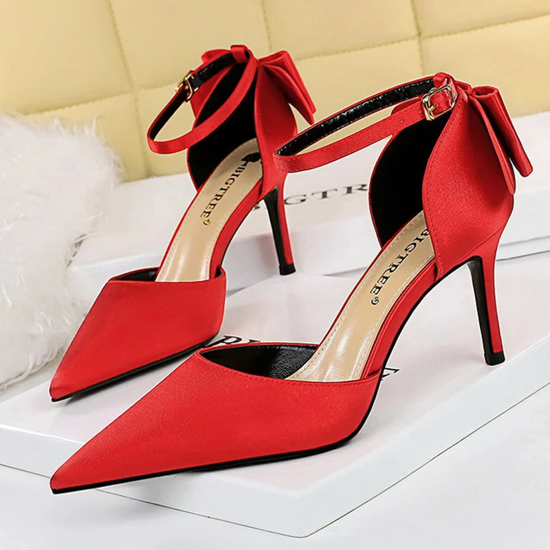 BIGTREE Shoes Bow Woman Pumps Silk High Heels Women Shoes Stiletto Red Wedding Shoes Women Heels Women Sandals 8cm and 10cm