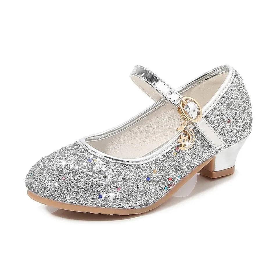 Girls Shoes Children High Heel Glitter Crystal Sandals Fashion Buckle Kids Princess Dance Shoe Student Performance Leather Shoes