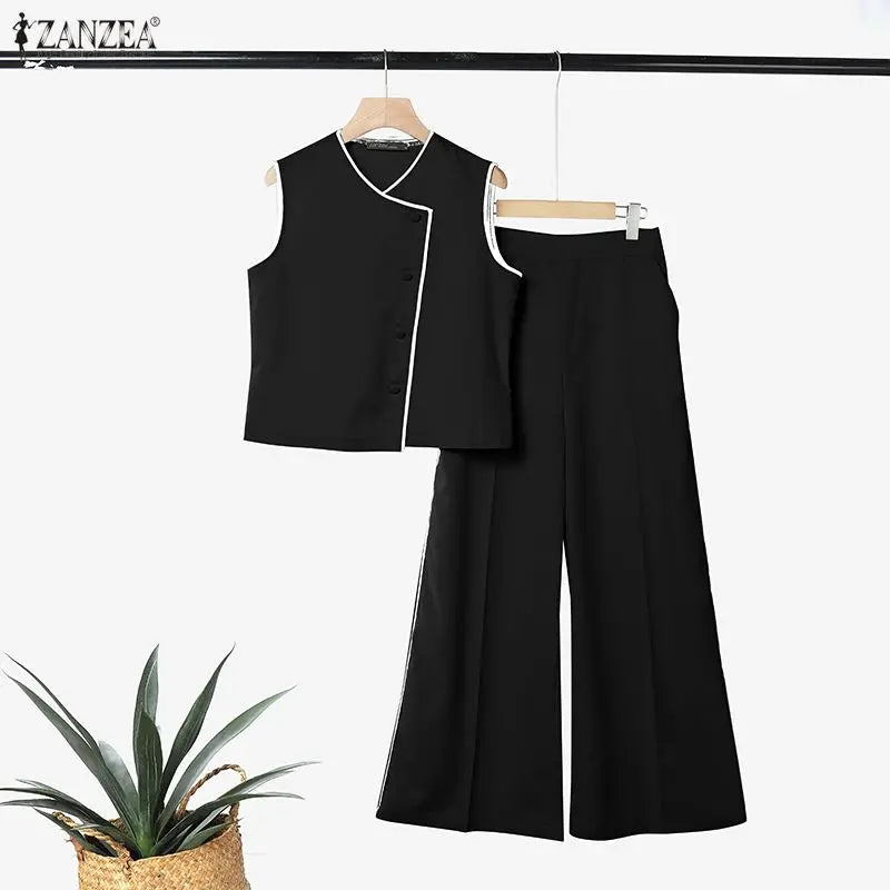 ZANZEA Fashion V Neck Sleeveless Tanks Tops Trousers Suit Summer Women Matching Sets Casual OL Work Pant Sets Holiday Tracksuit